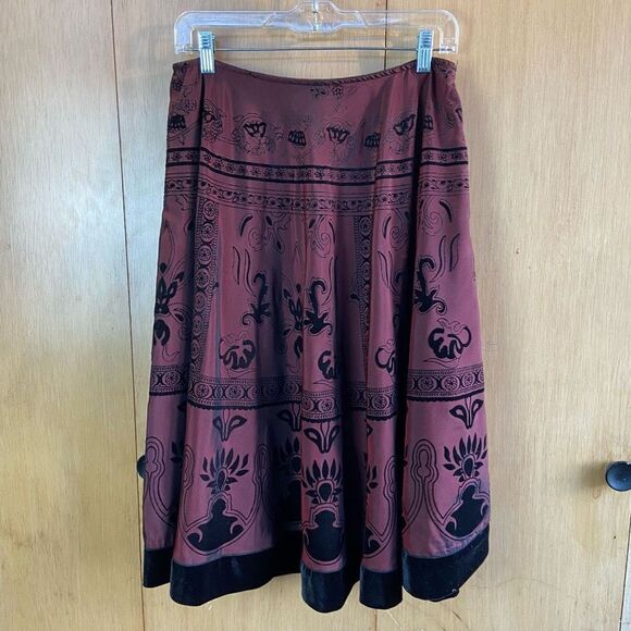 Vintage 90s Flocked Velvet Trim A-Line Midi Skirt Maroon and Black Holiday Party - Picture 1 of 8